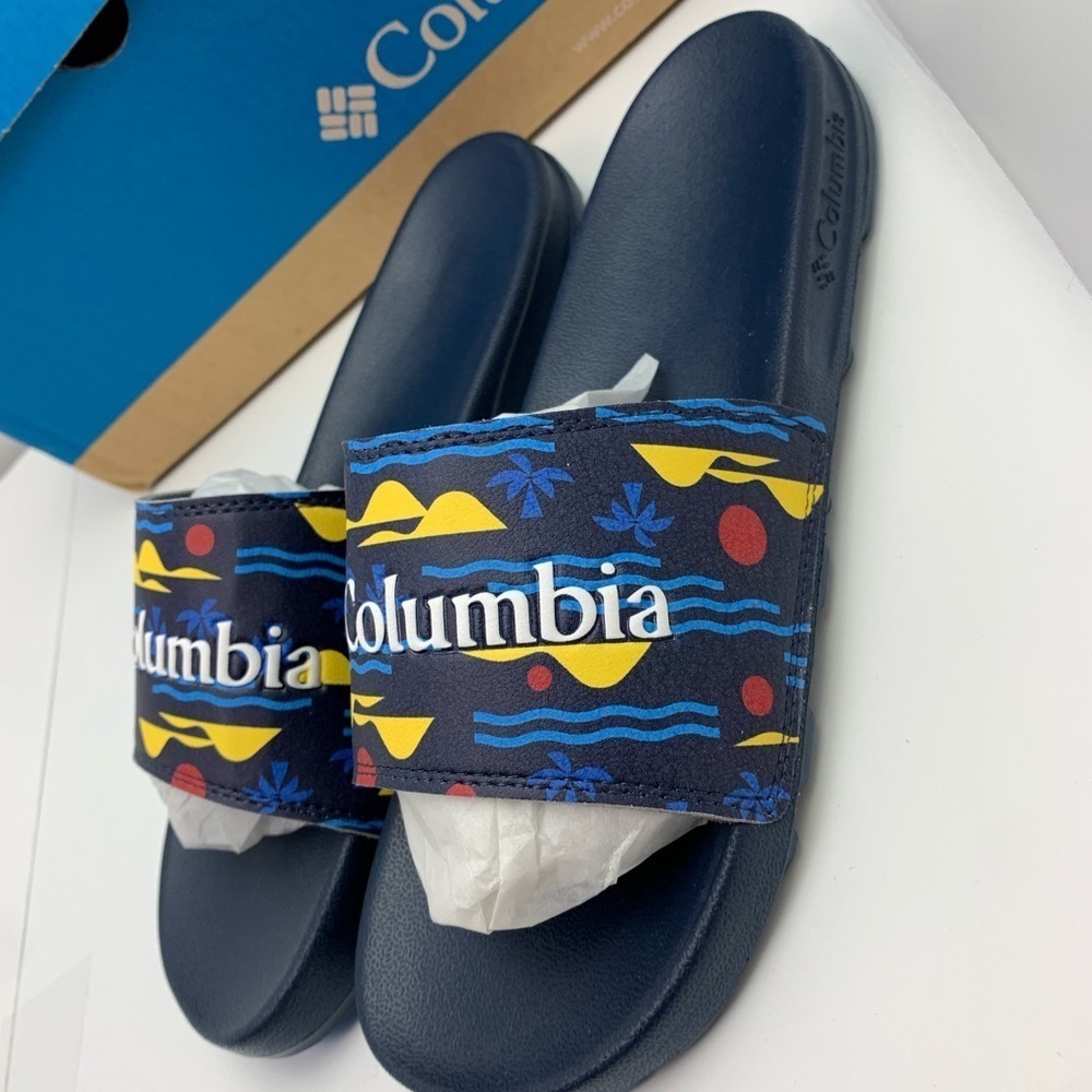 NWT Columbia Youth Size 6 Hood River Slide Sandals Navy Blue Yellow - Picture 3 of 6